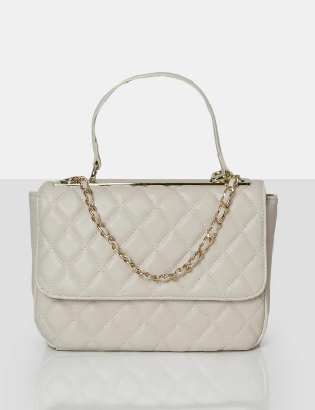 The Vienna Ecru Quilted Silver Detailing Crossbody Shoulder Handbag sold by Public Desire
