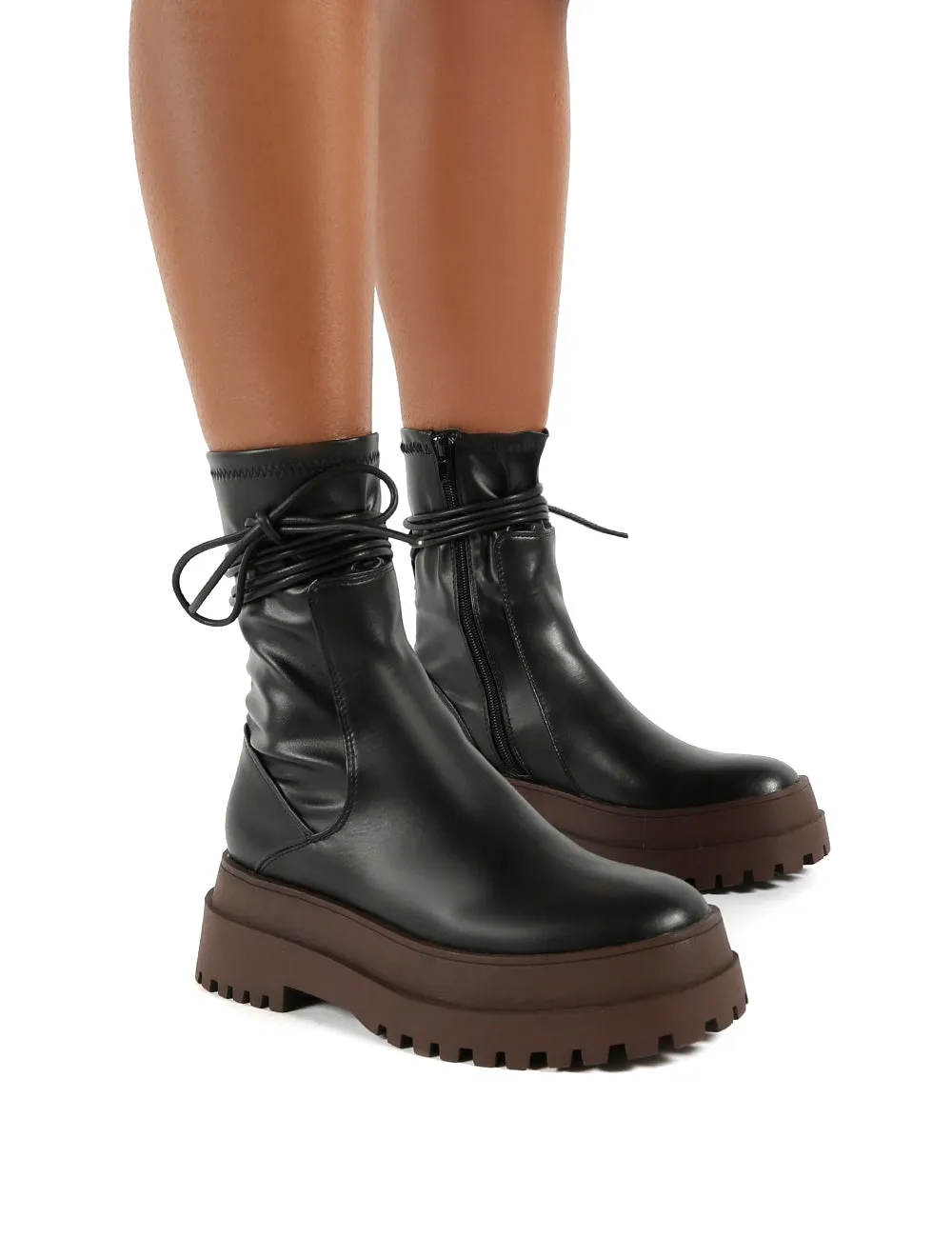 Finale Black Pu Chocolate Chunky Sole Ankle Wrap Boots sold by Public Desire