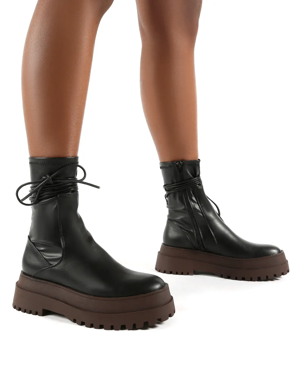 Finale Black Pu Chocolate Chunky Sole Ankle Wrap Boots sold by Public Desire product image thumbnail 3