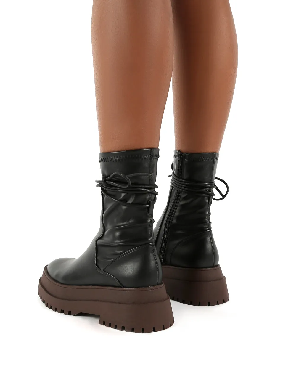 Finale Black Pu Chocolate Chunky Sole Ankle Wrap Boots sold by Public Desire product image thumbnail 2