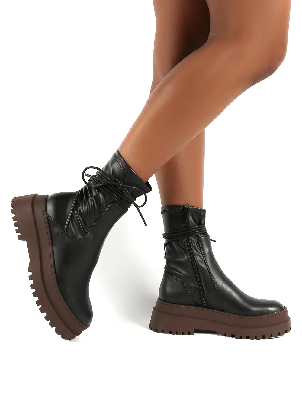 Finale Black Pu Chocolate Chunky Sole Ankle Wrap Boots sold by Public Desire product image thumbnail 4