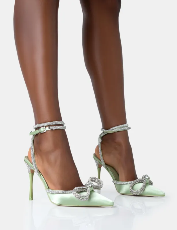 Midnight Sage Satin Wrap Around Diamante Bow Pointed Toe High Heels sold by Public Desire