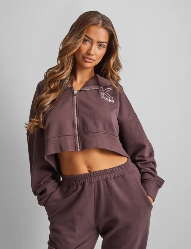 Kaiia Slogan Zip Through Cropped Hoodie Brown sold by Public Desire