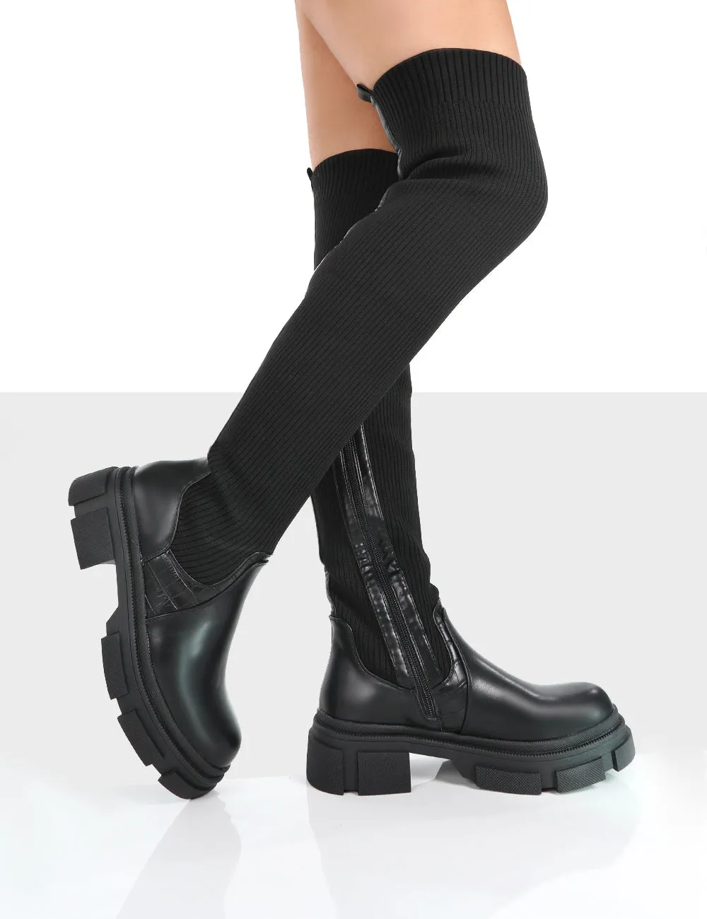 Bali Black Knit Chunky Sole Over the Knee High Boots sold by Public Desire product image thumbnail 3