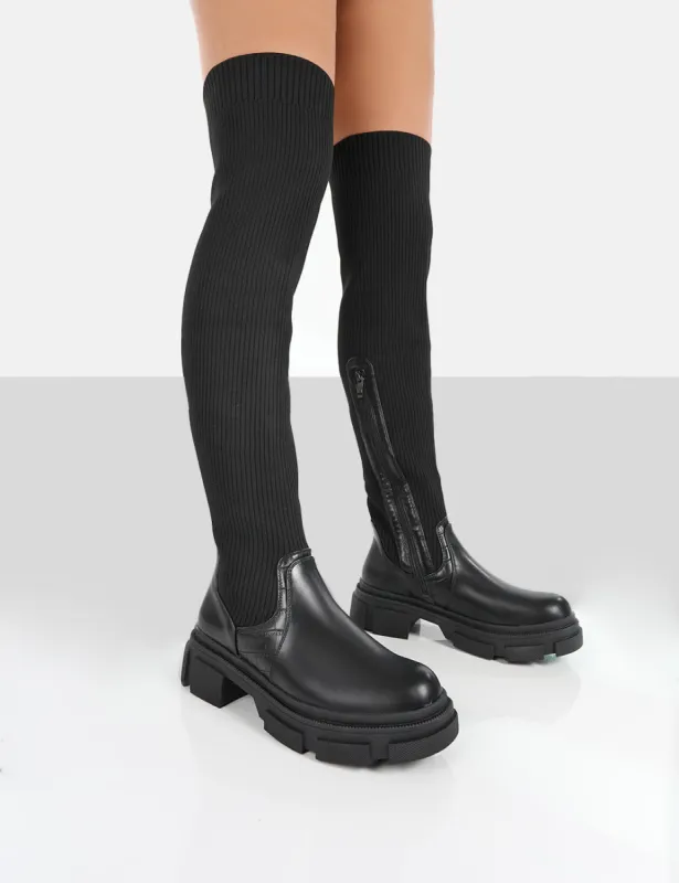 Bali Black Knit Chunky Sole Over the Knee High Boots sold by Public Desire
