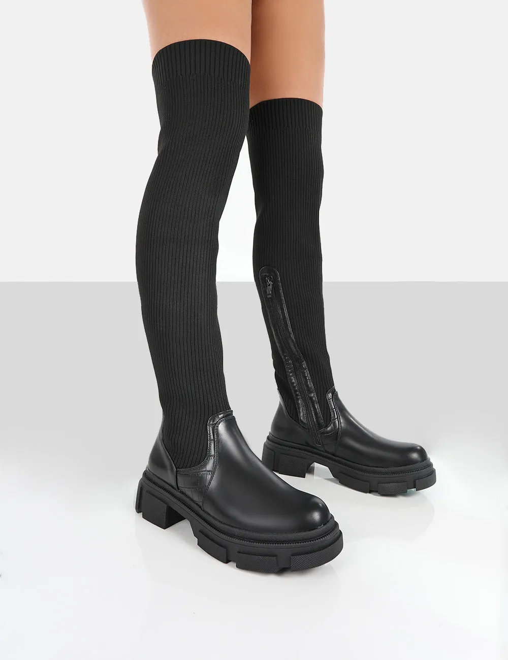 Bali Black Knit Chunky Sole Over the Knee High Boots sold by Public Desire