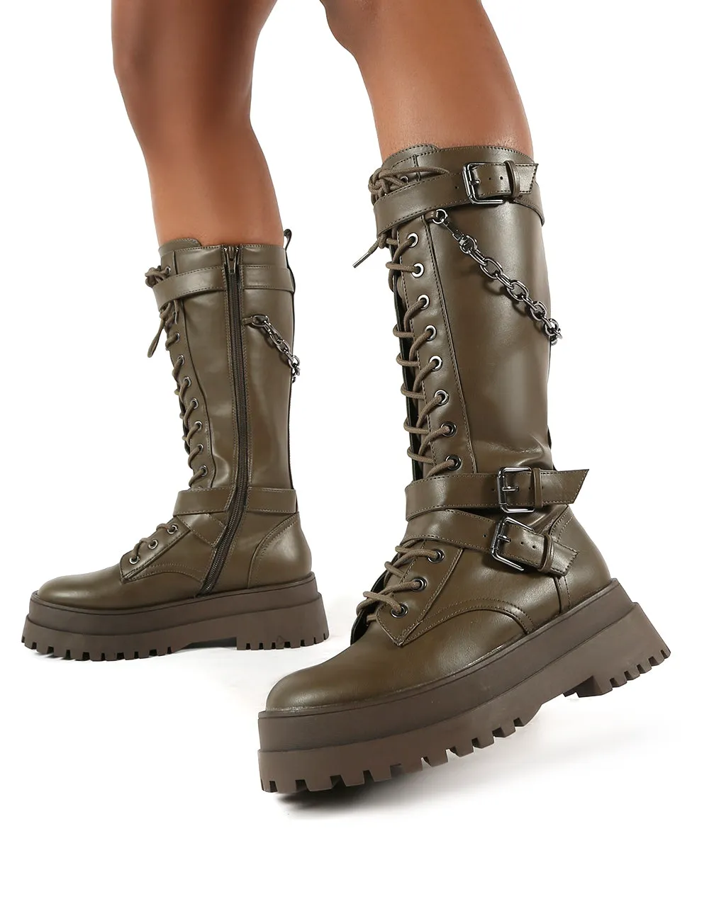 Amari Khaki Pu Lace Up Chunky Knee High Boots sold by Public Desire product image thumbnail 3