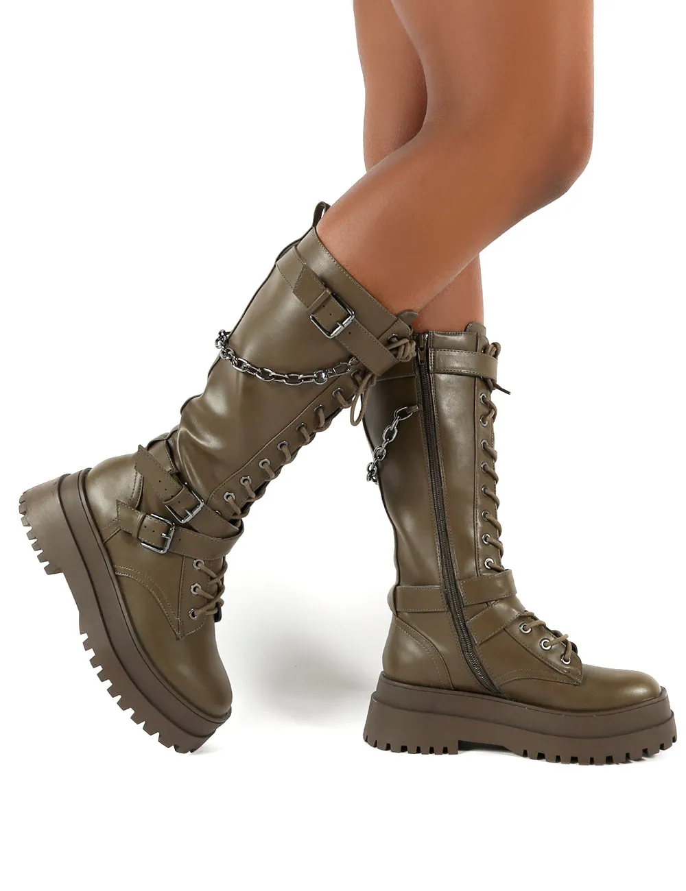 Amari Khaki Pu Lace Up Chunky Knee High Boots sold by Public Desire product image thumbnail 4