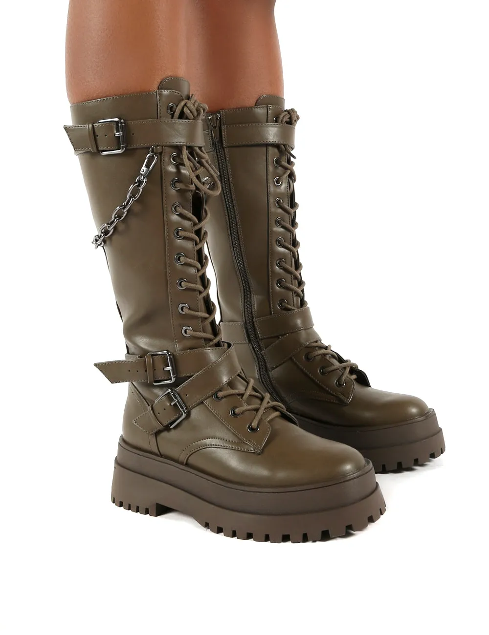 Amari Khaki Pu Lace Up Chunky Knee High Boots sold by Public Desire