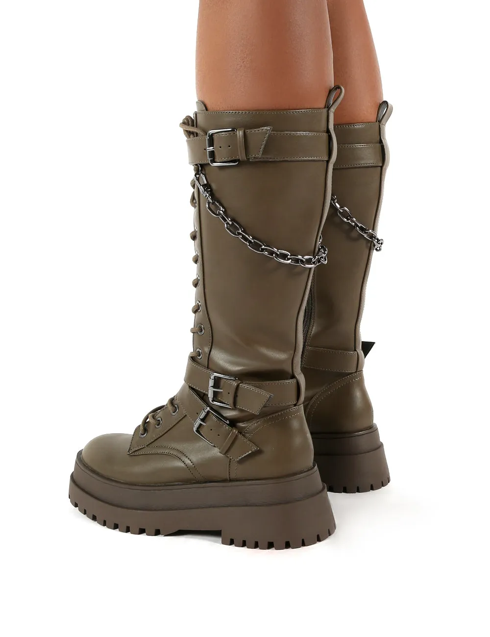 Amari Khaki Pu Lace Up Chunky Knee High Boots sold by Public Desire product image thumbnail 2