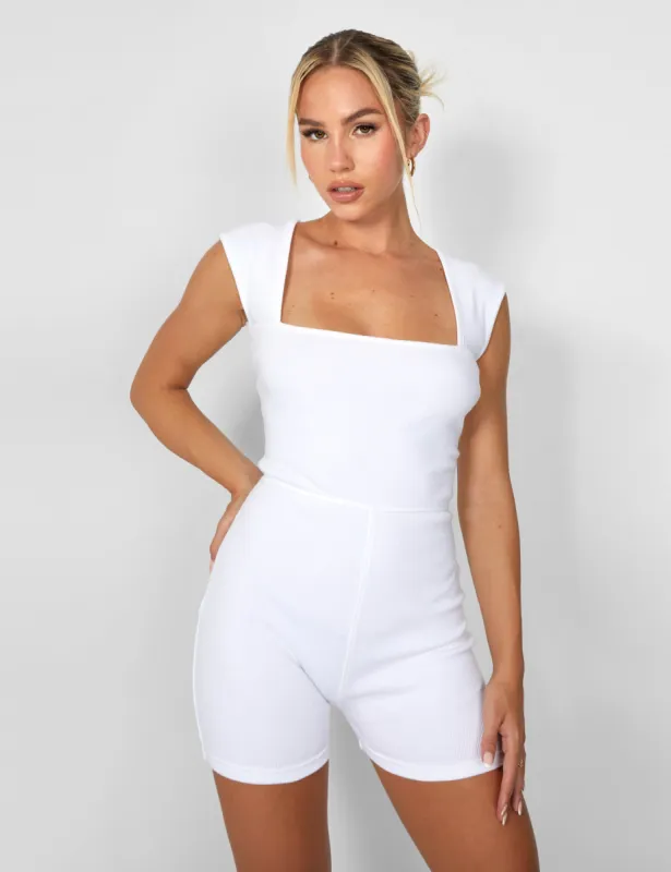 Square Neck Ribbed Playsuit White sold by Public Desire