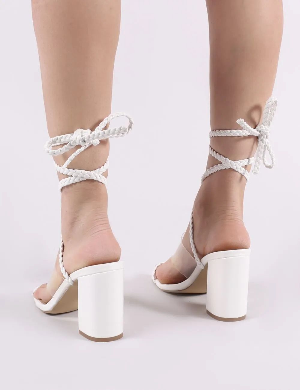 Mia Lace Up Block Heeled Sandals in White PU sold by Public Desire product image thumbnail 3