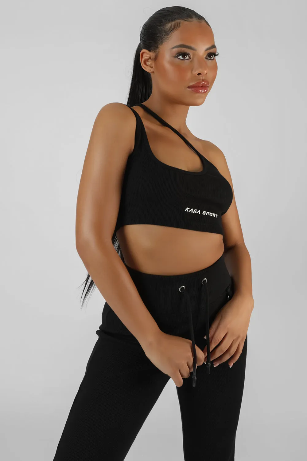 Asymmetric Strappy Kaiia Sport Crop Top Black sold by Public Desire product image thumbnail 2