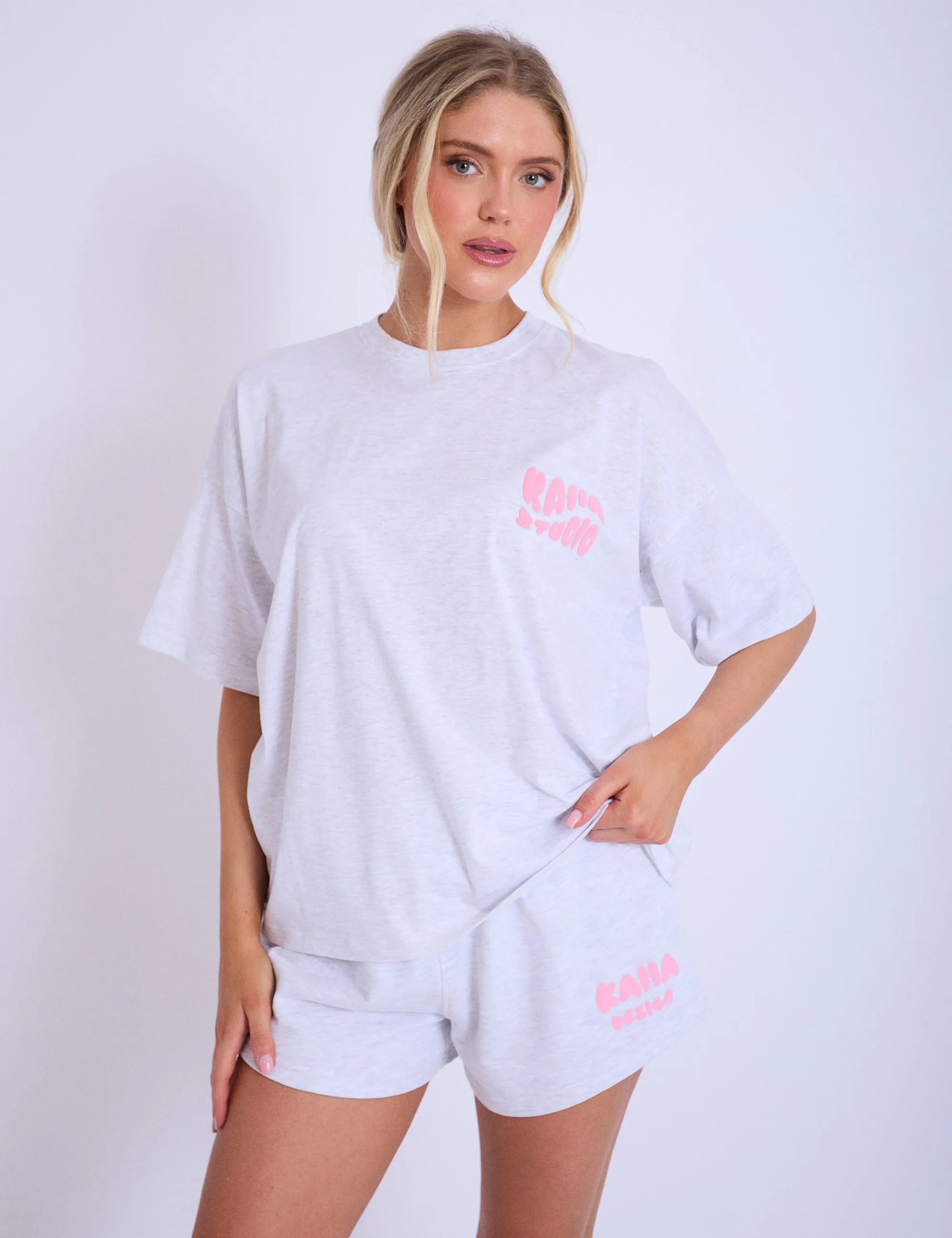 Kaiia Studio Bubble Logo Oversized T-shirt Light Grey Marl & Pink sold by Public Desire