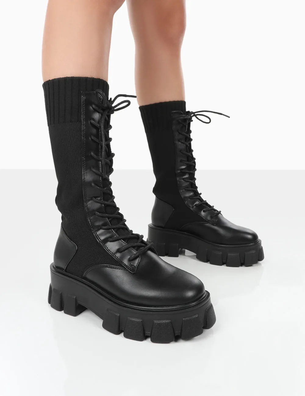 Hudson Black PU Lace Up Chunky Knee High Boots sold by Public Desire