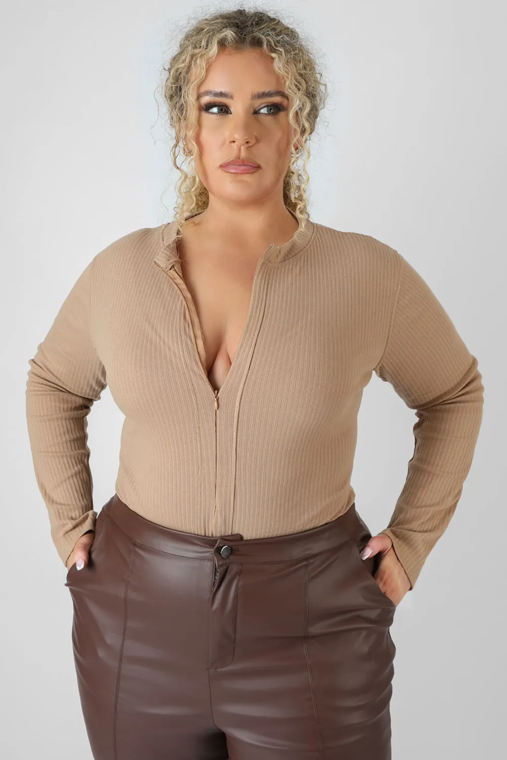 Curve Zip Front Ribbed Bodysuit Light Brown sold by Public Desire product image thumbnail 4