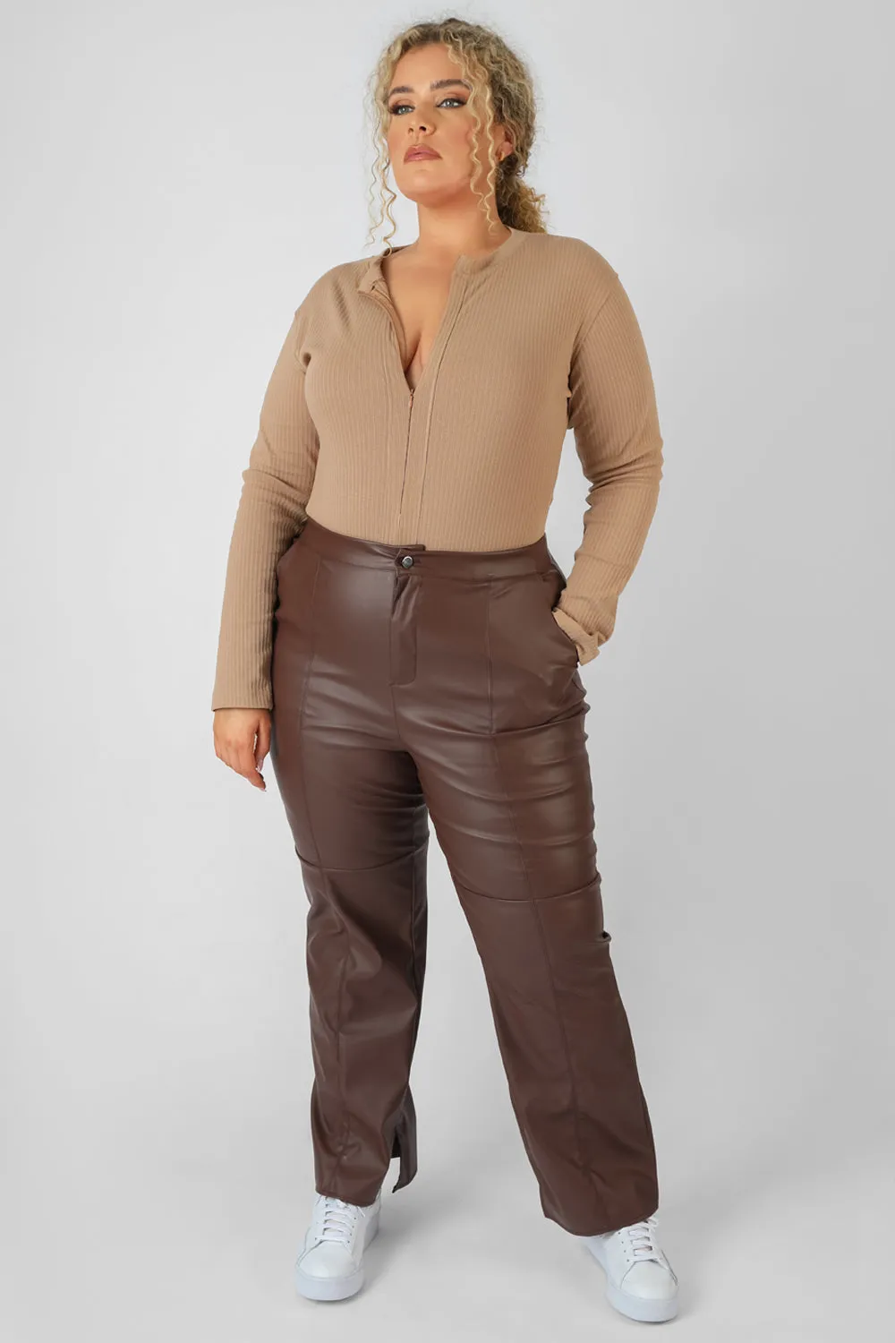 Curve Zip Front Ribbed Bodysuit Light Brown sold by Public Desire