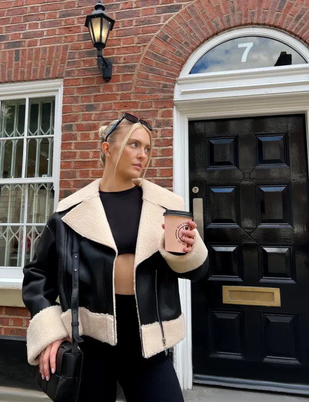 Fur Lined Cropped Aviator Coat Black sold by Public Desire