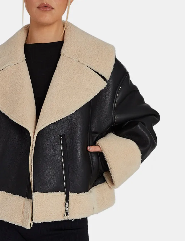 Fur Lined Cropped Aviator Coat Black sold by Public Desire product image thumbnail 4