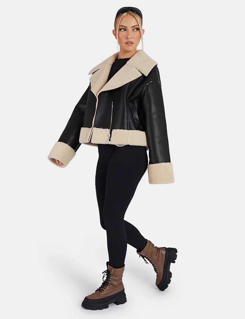 Fur Lined Cropped Aviator Coat Black sold by Public Desire product image thumbnail 3