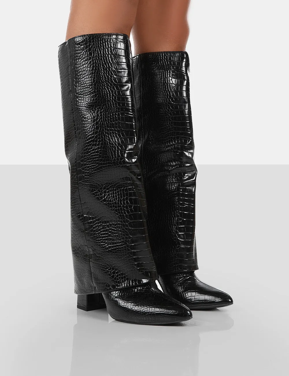 Zendaya Black Patent Croc Pointed Toe Knee High Block Boots sold by Public Desire