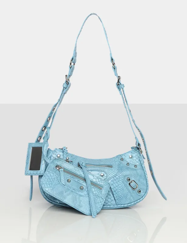 The Trackstar Blue Croc Pu Studded Mirror Zip Detail Handbag sold by Public Desire