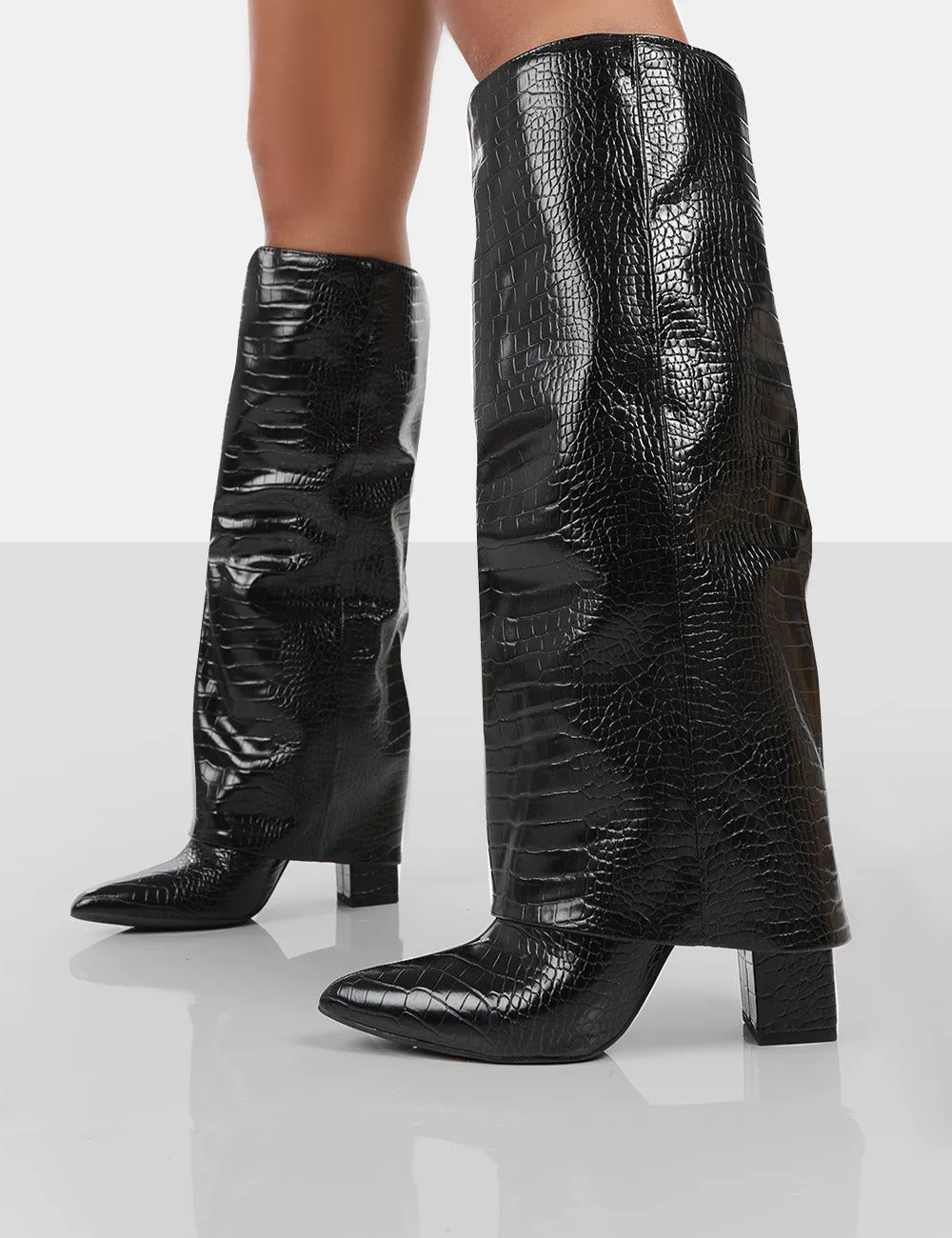 Zendaya Black Patent Croc Pointed Toe Knee High Block Boots sold by Public Desire product image thumbnail 2