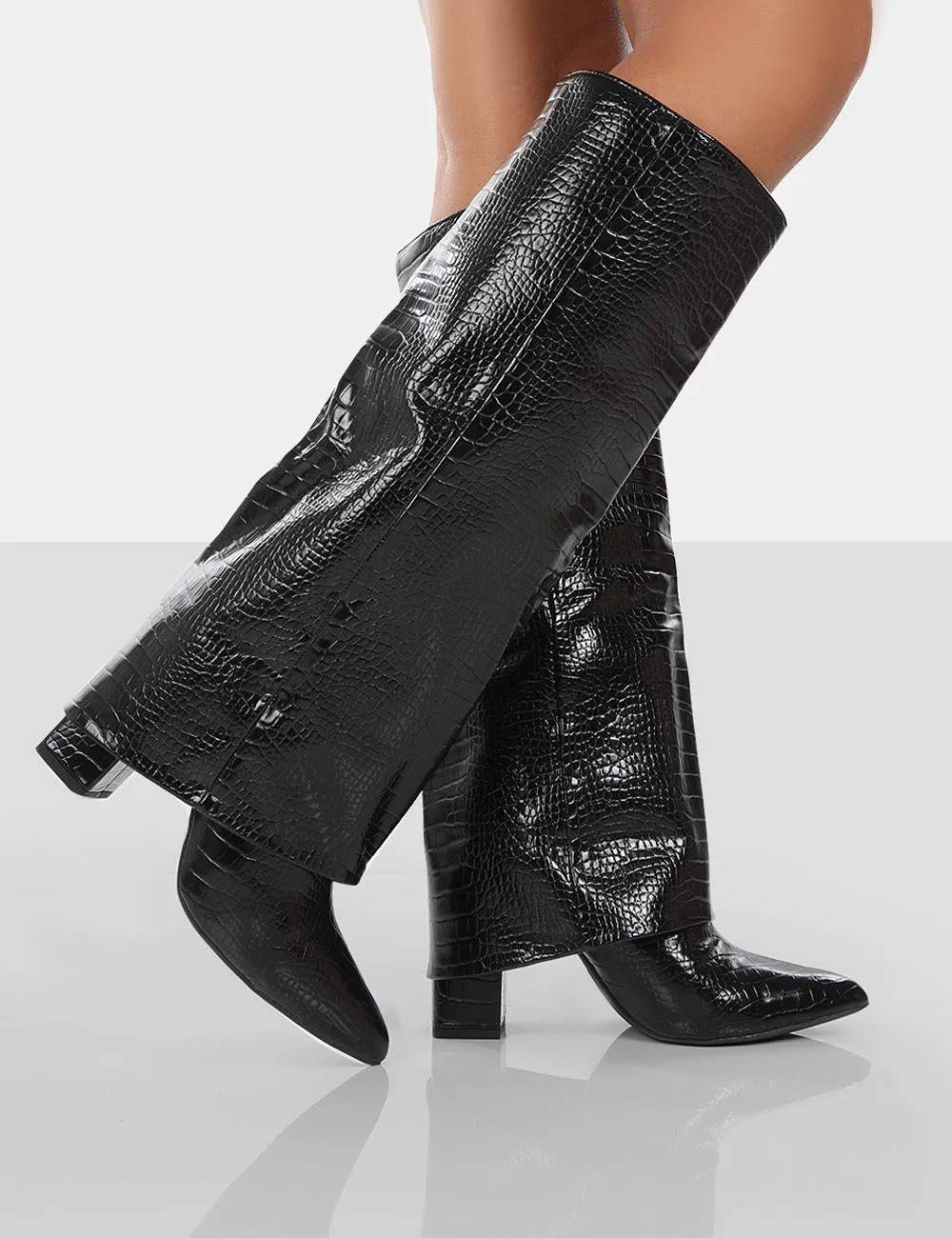 Zendaya Black Patent Croc Pointed Toe Knee High Block Boots sold by Public Desire product image thumbnail 4