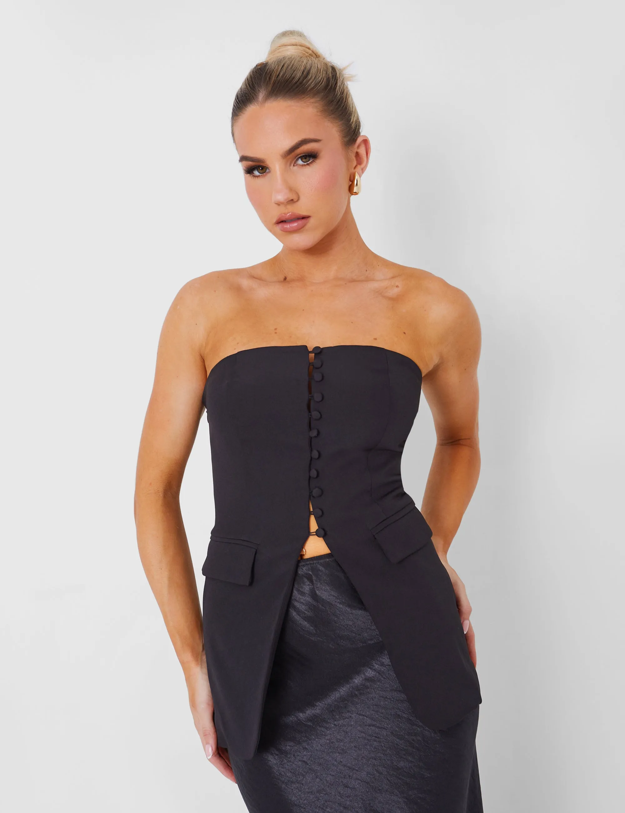 Kaiia Tailored Bandeau Split Front Top in Black sold by Public Desire