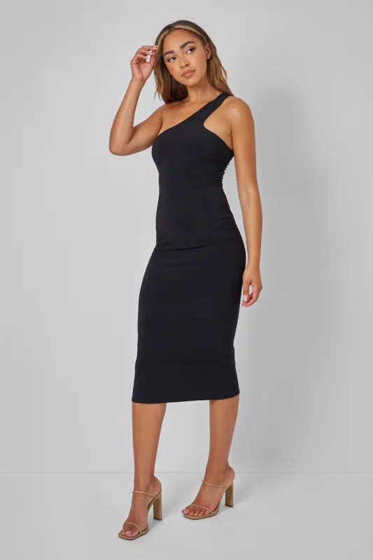 ASYMMETRIC SLINKY MIDI DRESS BLACK sold by Public Desire