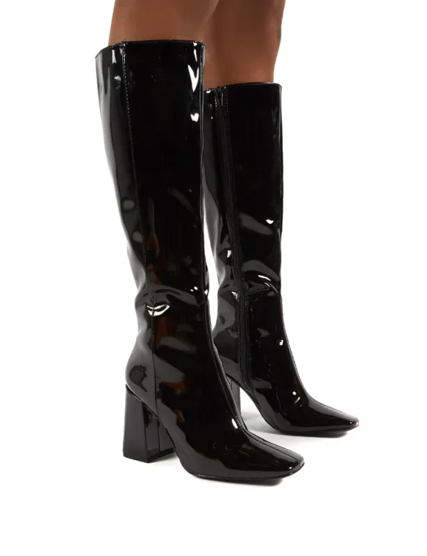 Apology Black Patent Knee High Block Heel Boots sold by Public Desire