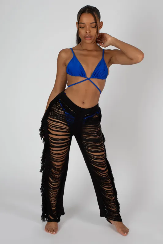 High Waist Extreme Laddered Frayed Straight Leg Knitted Trousers Black sold by Public Desire