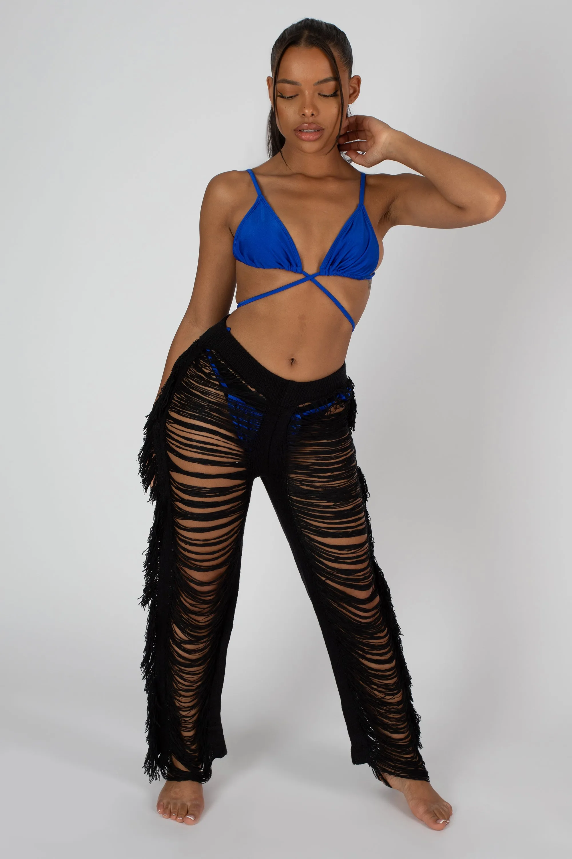 High Waist Extreme Laddered Frayed Straight Leg Knitted Trousers Black sold by Public Desire