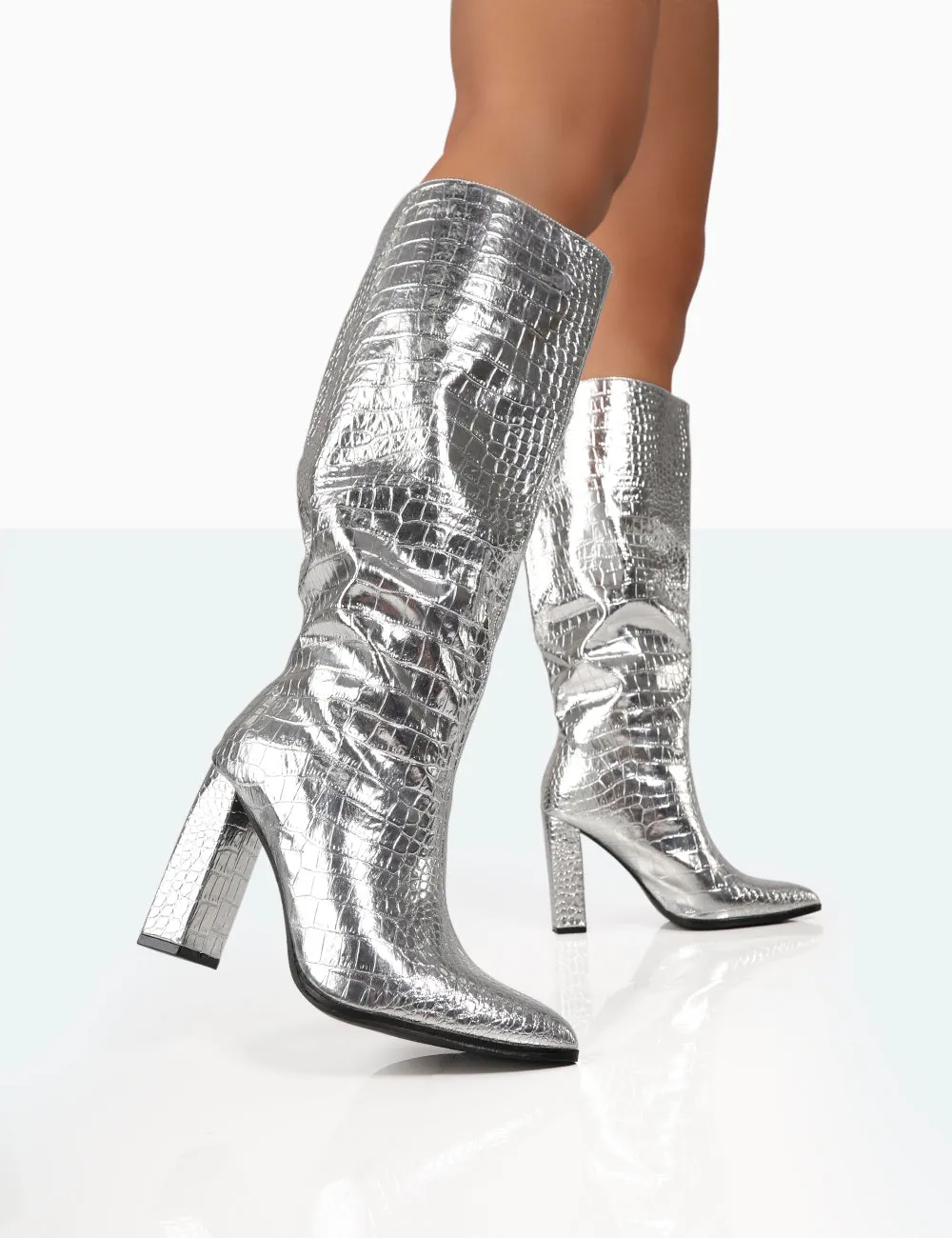 Posie Silver Croc Pu Knee High Block Heel Boots sold by Public Desire product image thumbnail 3