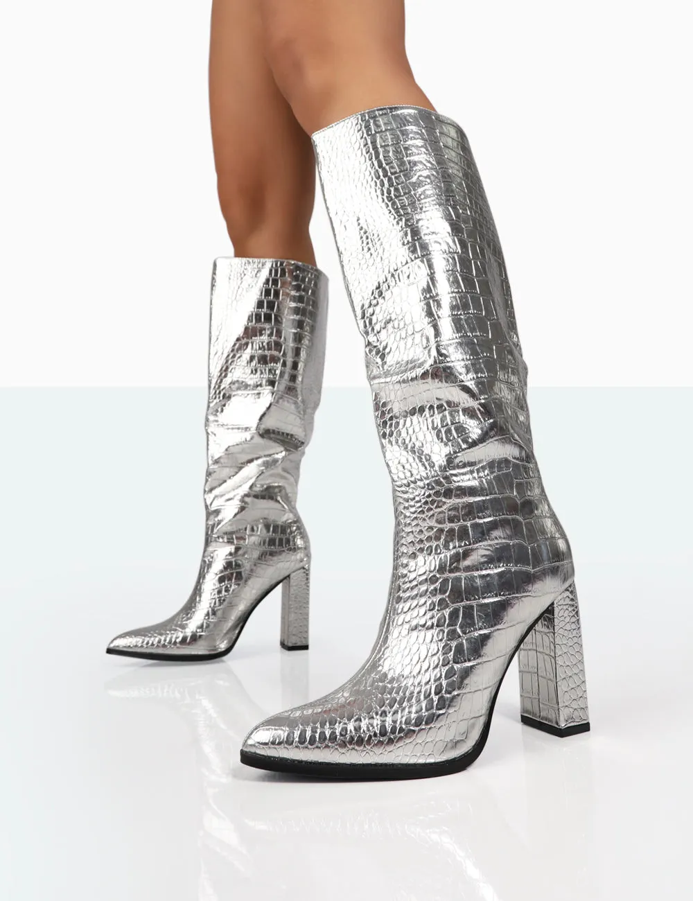 Posie Silver Croc Pu Knee High Block Heel Boots sold by Public Desire product image thumbnail 2