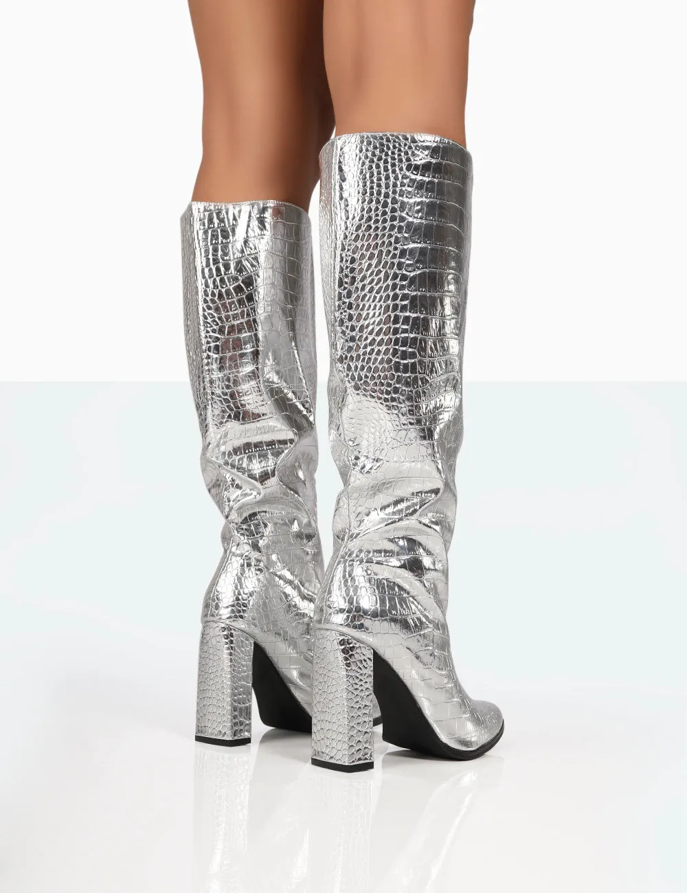 Posie Silver Croc Pu Knee High Block Heel Boots sold by Public Desire product image thumbnail 4
