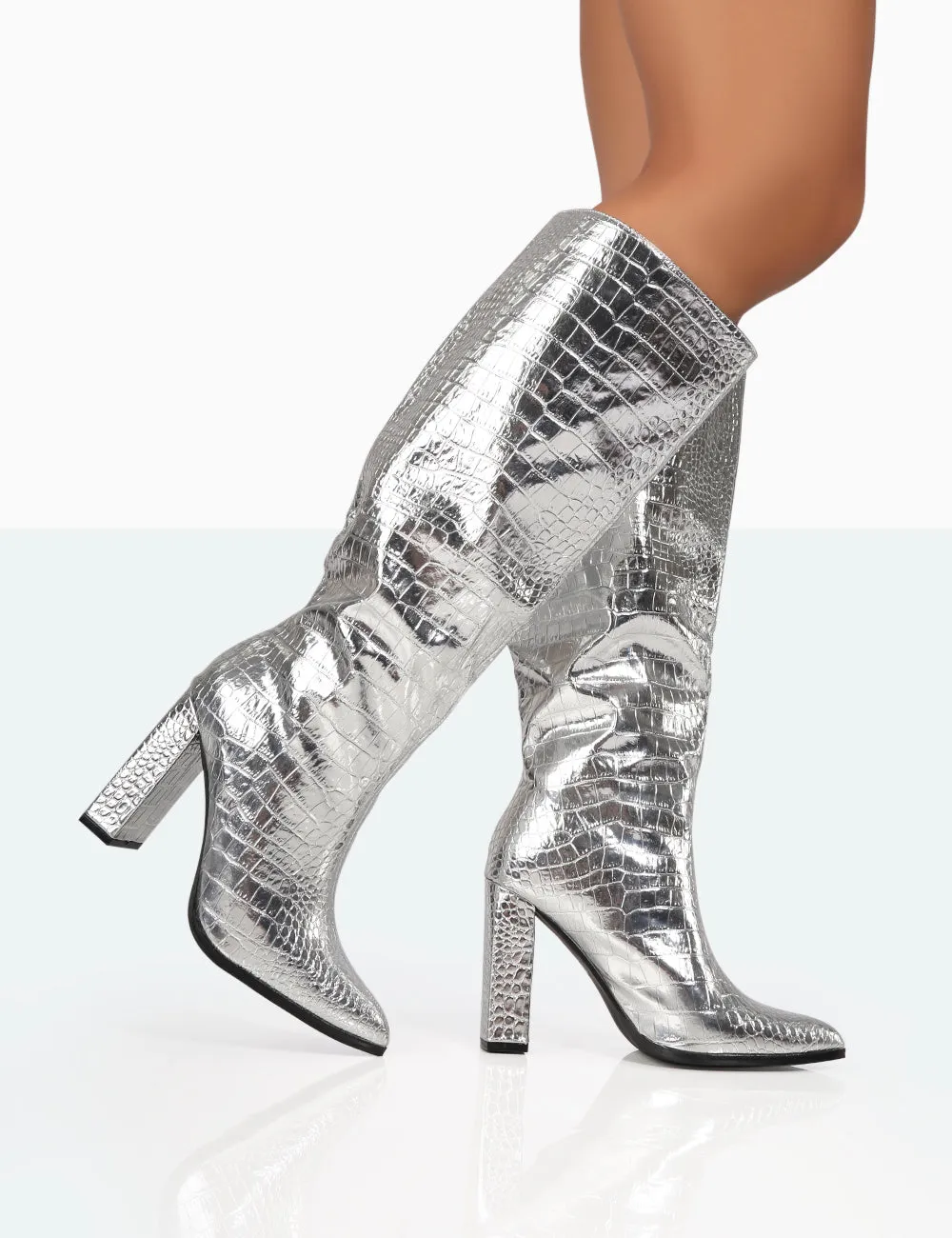 Posie Silver Croc Pu Knee High Block Heel Boots sold by Public Desire