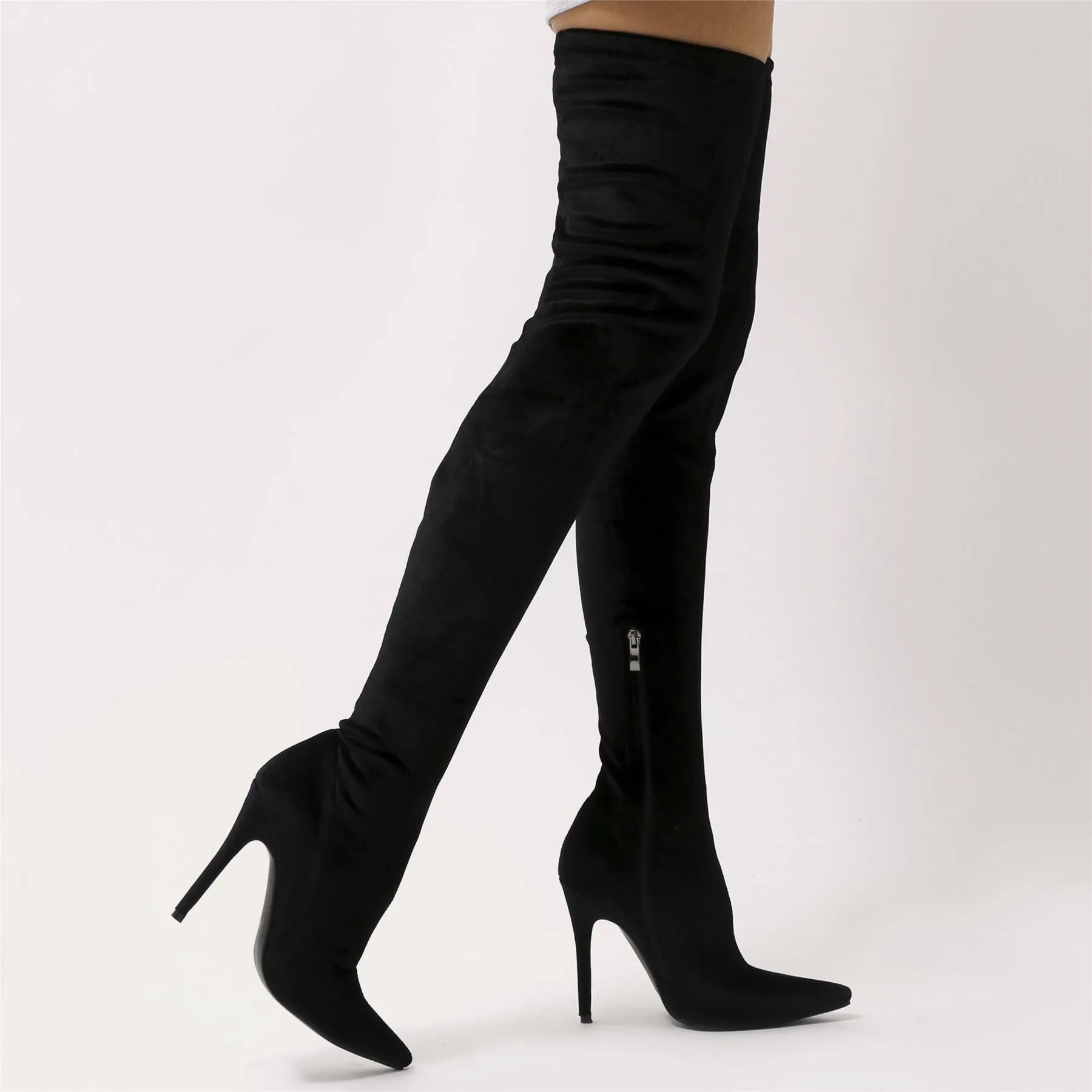 Dazzle Sock Fit Pointed Toe Over The Knee Boots in Black Velvet sold by Public Desire