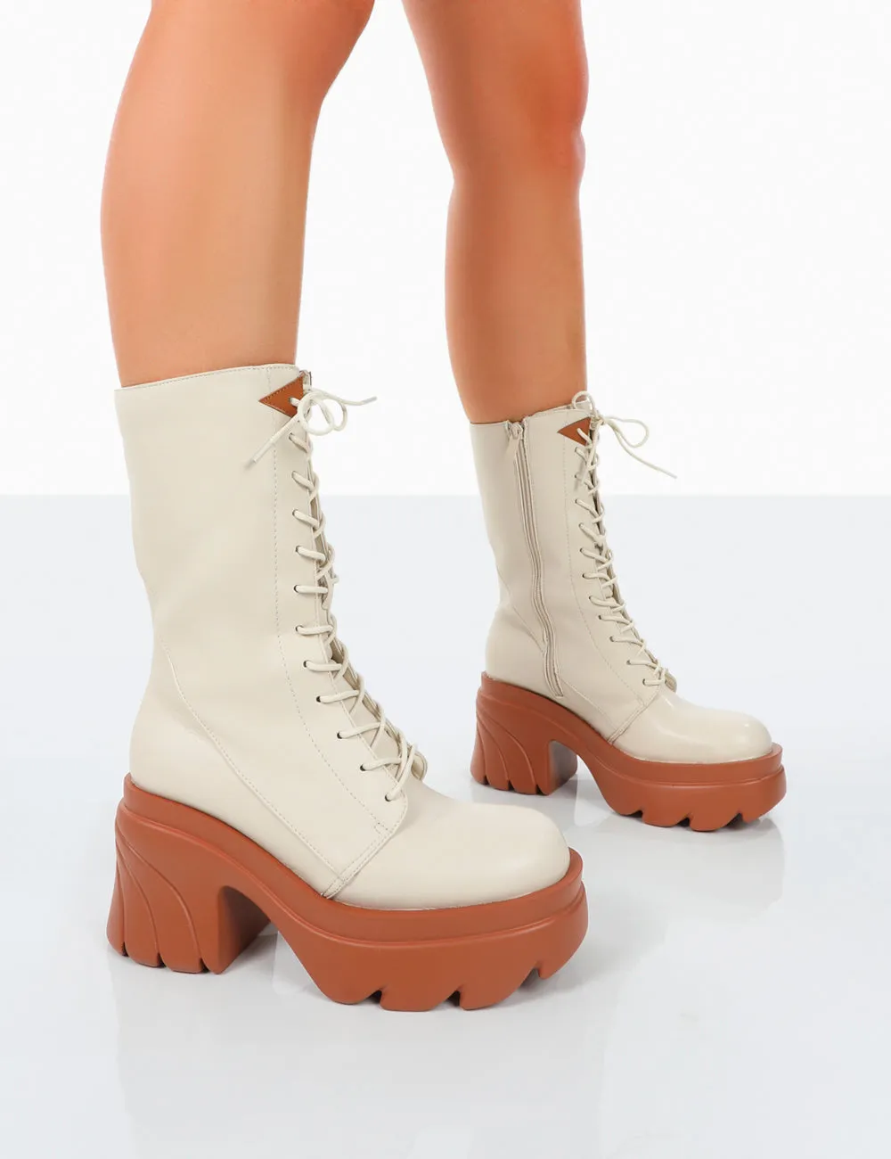 Ever Beige Laced Platform Chunky Sole Ankle Boots sold by Public Desire