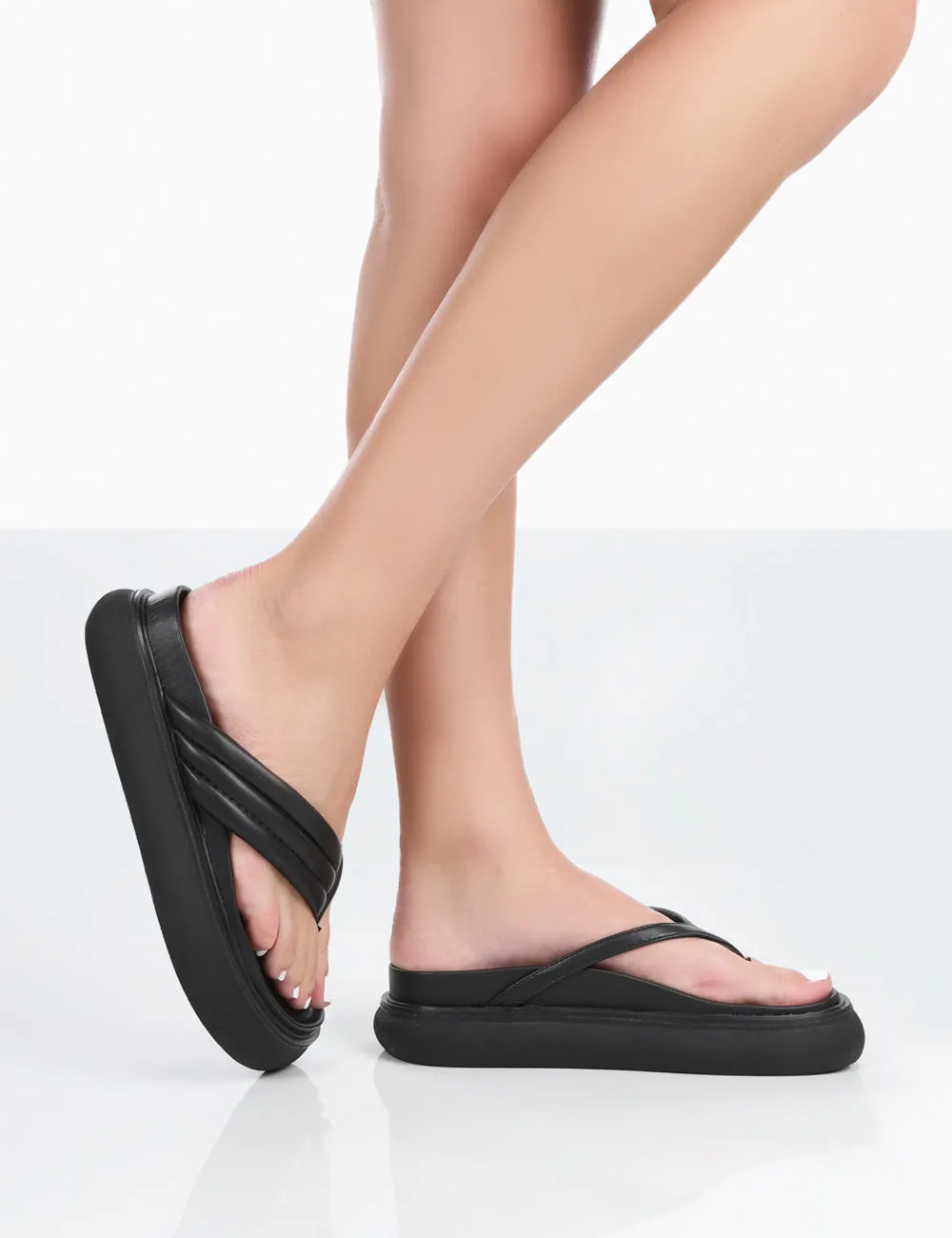 Serena Black Pu Thong Strap Wedge Slider Sandals sold by Public Desire product image thumbnail 3