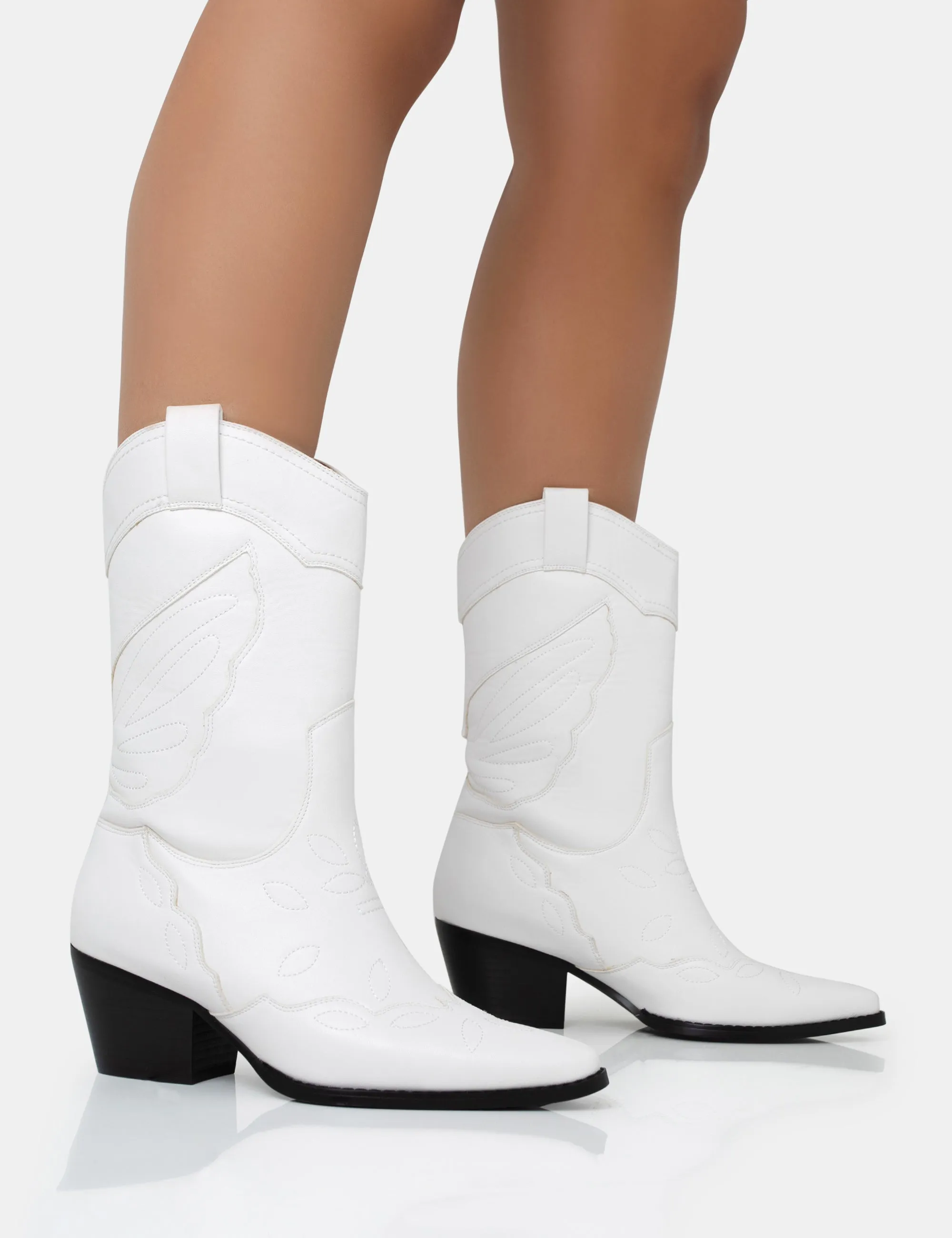 Howdy White Pu Pointed Toe Western Cowboy Block Ankle Boots sold by Public Desire