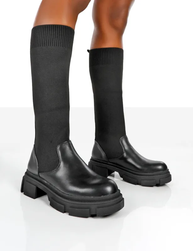 Carm Black Knit Knee High Chunky Sole Boots sold by Public Desire