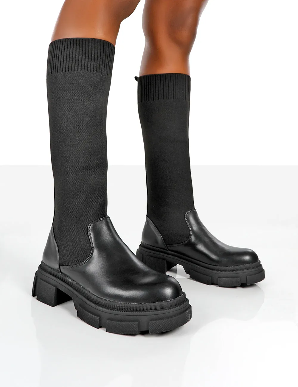 Carm Black Knit Knee High Chunky Sole Boots sold by Public Desire