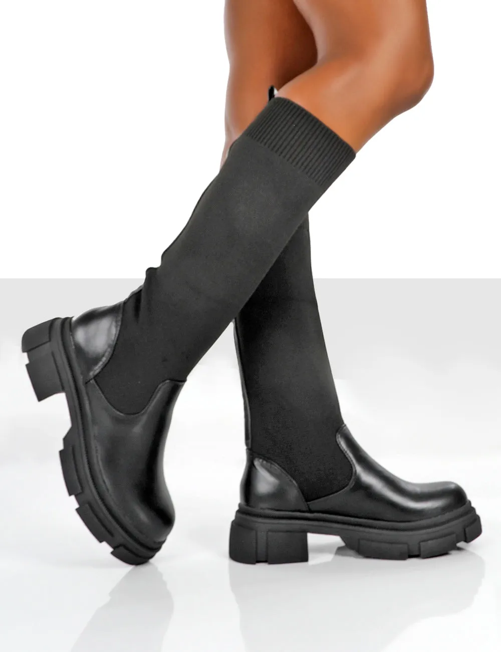 Carm Black Knit Knee High Chunky Sole Boots sold by Public Desire product image thumbnail 4