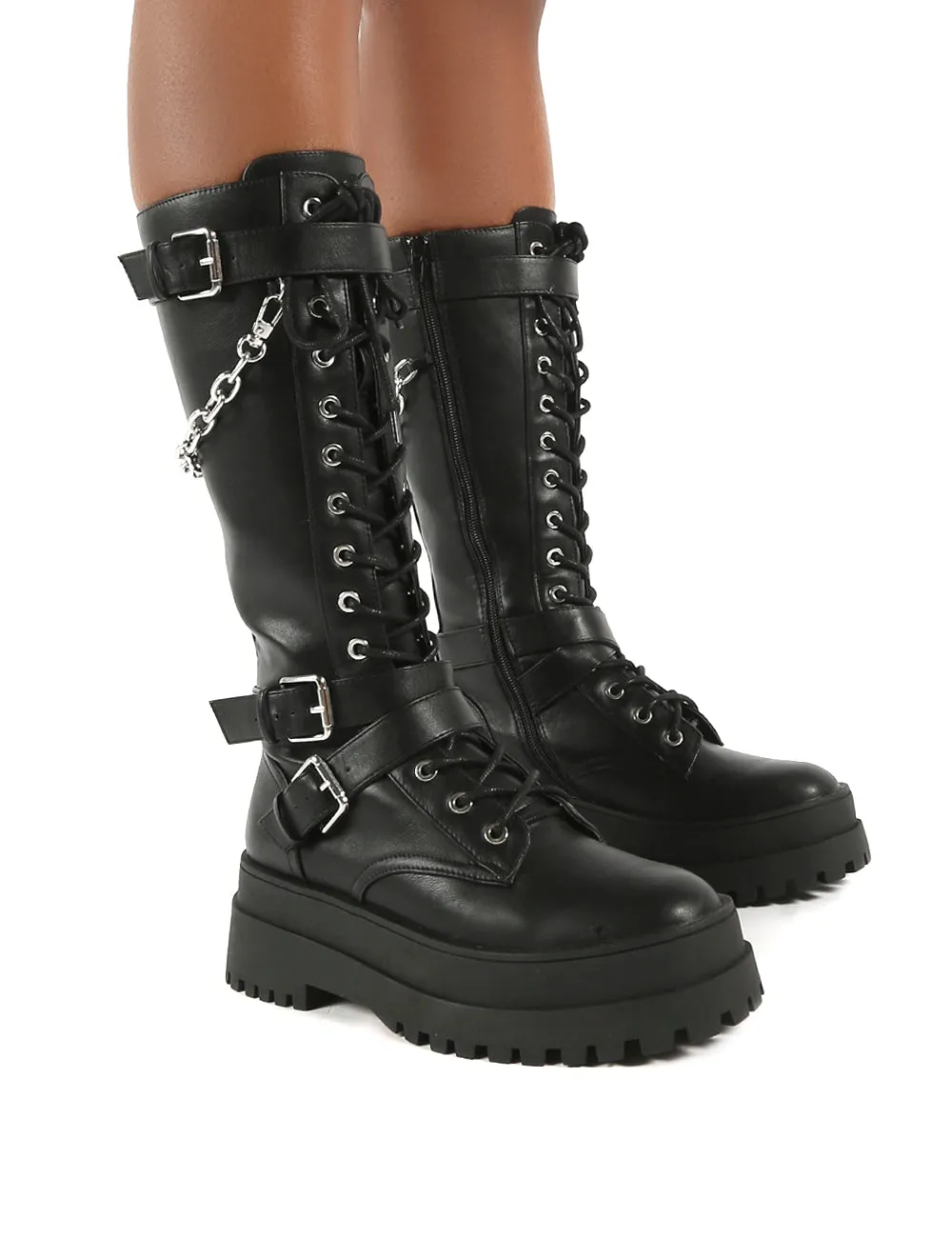 Amari Black Pu Lace Up Chunky Knee High Boots sold by Public Desire