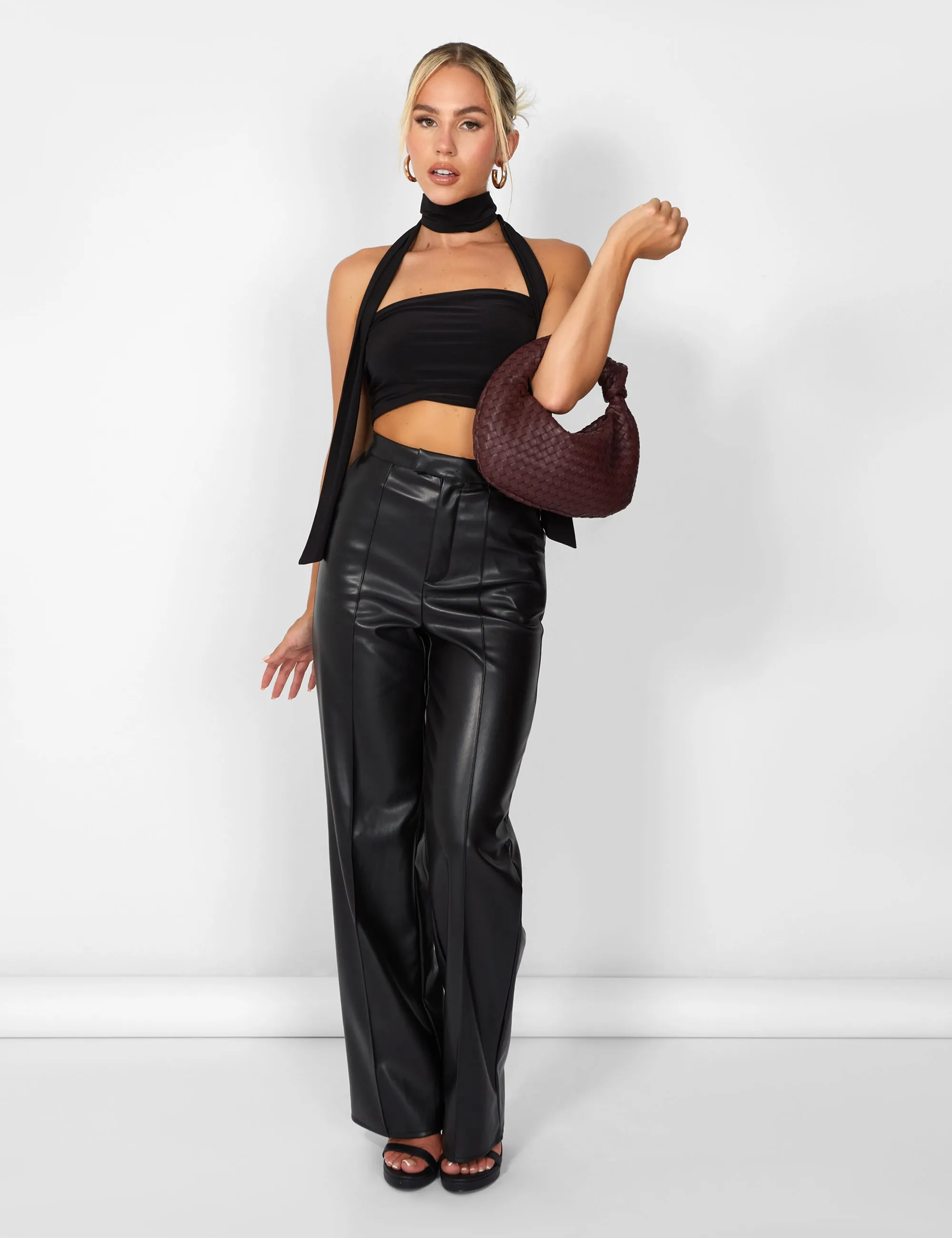 Kaiia Leather Look Wide Leg Trousers in Black sold by Public Desire