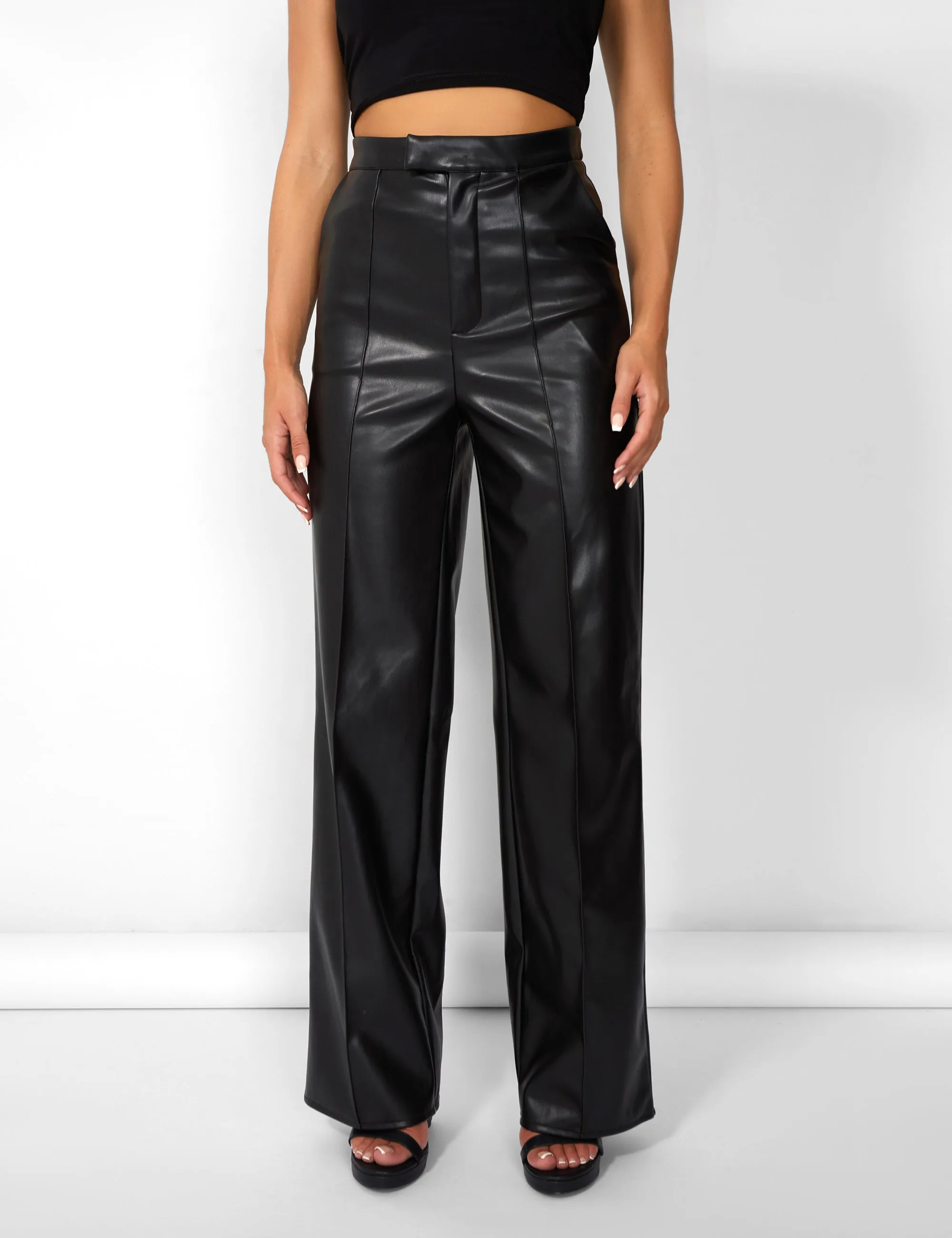 Kaiia Leather Look Wide Leg Trousers in Black sold by Public Desire product image thumbnail 5