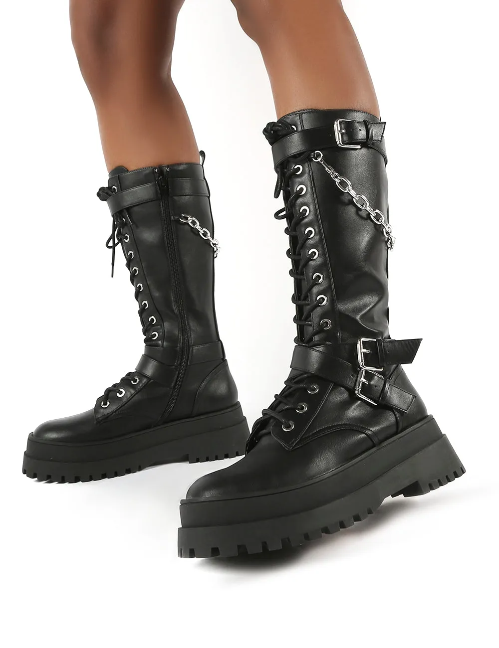 Amari Black Pu Lace Up Chunky Knee High Boots sold by Public Desire product image thumbnail 3