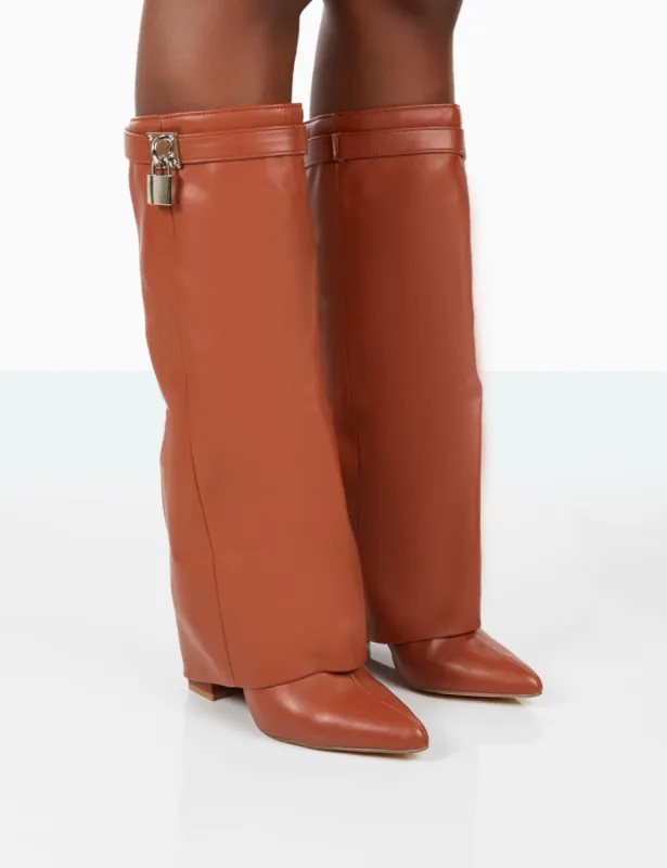 Echo Tan Grain Pu Pointed Toe Knee High Block Boots sold by Public Desire