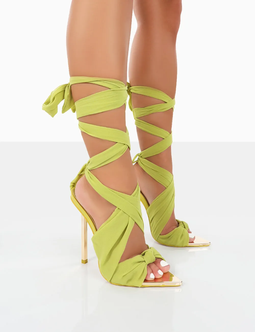 Huni Green Chiffon Ribbon Tie Up Gold Stiletto Heels sold by Public Desire